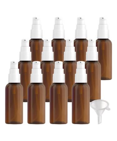 ZEOABSY 12 Pieces 50 ml Brown Lotion Bottles with White Pump 50ml Empty PET Plastic Lotion Pump Bottle Cosmetic Gel Travel Container for Cosmetic Make up Cleaning + 2 x Funnel Brown 50ml