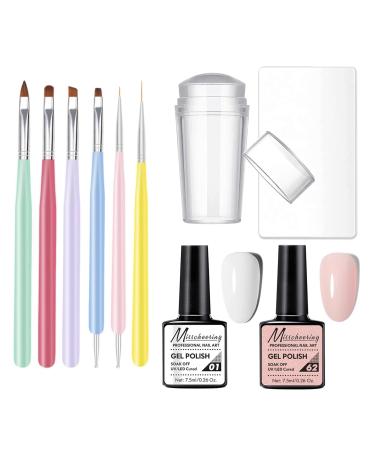 French Manicure Nail Polish Kit Gorvalin White and Pink Gel Nail Polish Nail Stamper Nail Art Brush French Manicure Tool Home DIY Nail Salon pink & white