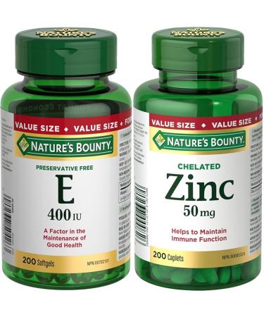 Nature's Bounty Vitamin E Pills And Supplement Helps Maintain Health 400Iu 200 Softgels & Chelated Zinc 50mg Supports Immune Function and Maintain Body's Ability Vitamin+ Value-Size