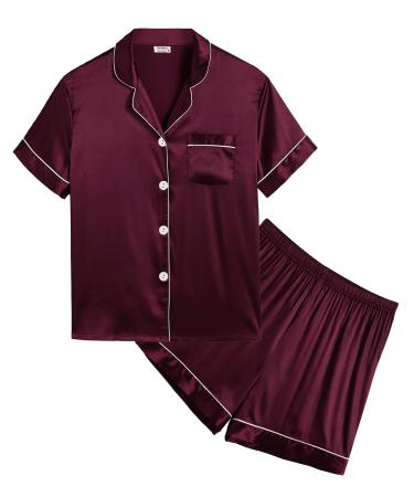 SWOMOG Kids Silk Pyjamas Girls Boys Short Sleeve Satin PJs Sets Button-Down Silky Nightwear Children Sleepwear Teens Age 4-16 4-5 Years Dark Wine Red
