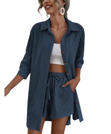 Zeagoo Womens 2 Piece Lounge Tracksuit Outfit Sets Cotton Linen High Low Shirt and Drawstring Casual Shorts Set Medium 02_navy Blue