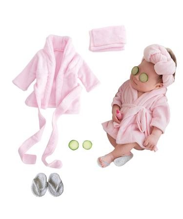 SPOKKI Newborn Photography Props Baby Girl 5 PCS Bathrobes Bath Towel Outfit with Slippers Cucumber Photo Props for Infant Boys Girls(0-6 Months) (Pink)