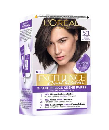 L'Or al Paris Permanent hair color with an ultra cool color result 100% gray hair cover set with coloring shampoo and care cream Excellence Cool No. 5.11 Light brown (brown) Ultra cooling light brown (1 Pack)