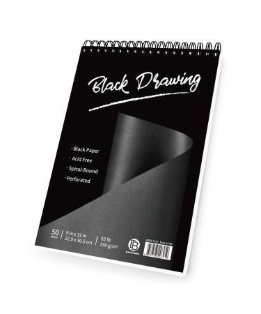 Bachmore Black Drawing Pad, 9X12 inch (92lb/150gsm), 50 Sheets of Top Spiral-Bound, Perforated,Heavyweighted Paper for Graphite, Acrylic, Colored Pencils, Charcoal, Opaque Inks, Gouache & Pastels