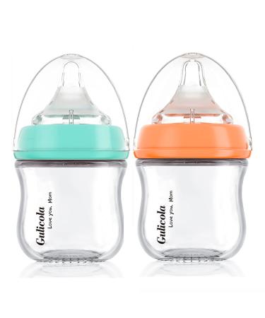 Gulicola Small Glass Baby Bottle for Breastfed Babies Slow Flow Anti-Colic 0 Months+ 3oz 2 Count(Green Orange) Green+Orange