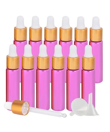 Tianzd 12 pieces 10 ml of empty chrome pink drip bottle Pipette bottles with glass pipette 10 ml of glass bottle with a drip pipette with gold screw cap for essential oils perfume oils pink 10 ml