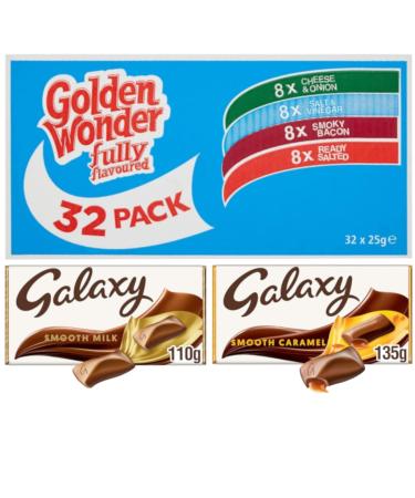 Golden Wonder Fully Flavoured Blue Box Cheese and Onion Salt and Vinegar Smoky Bacon Ready Salted 32pkx25g With 2 Galaxy Smooth Chocolate Bars