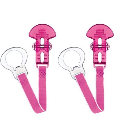 MAM Soother Clips Pack of 2 Baby Soother Chain Fits All MAM Soothers Newborn Essentials Pink with Pink Strap (Soothers Not Included) Clear Pink Soother Pack of 2