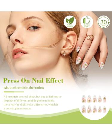 24PCS Medium Almond Glossy Flower Press On Nails - Green & White Spring Nail Decoration - Fake Nails with Glue - Women's Manicure - Buy Online on SooperMarket.com