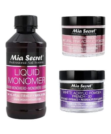 MIA SECRET 4 oz LIQUID MONOMER + Acrylic Powder 2 oz White & Multibalance (Natural Pink) -Made in USA
