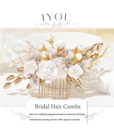 IYOU Flower Bridal Hair Comb Gold Crystal Bride Hair Accessories Leaf Pearl Wedding Side Combs Headpiece for Women - Buy Online on SooperMarket.com