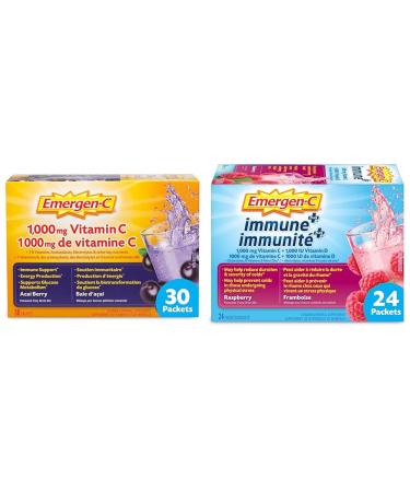 Emergen-C Immune Support Fizzy Drink Mix + Emergen-C Immune+ Vitamin C Supplement (Raspberry) Acai Berry + Rasberry 24 Packets 30 count (Pack of 1)