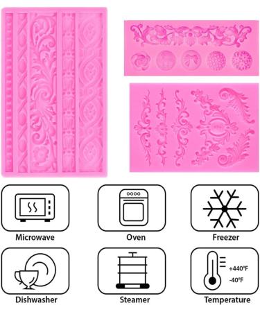 Arcemain 3 Pcs DIY Baroque Style Cake Border Curlicues Silicone Mold - Pink | Vintage Fondant Mold for Cake Decoration, Baking, Polymer Clay, Resin - Buy Online on SooperMarket.com