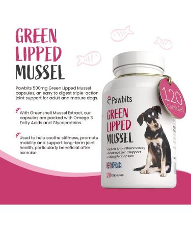 Pawbits 120 Green Lipped Mussel 500mg Hip & Joint Support Capsules for Dogs | Premium New Zealand Mussel Natural Dog Supplements | UK Made - Buy Online on SooperMarket.com