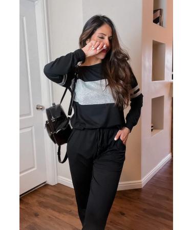 PRETTYGARDEN Women's Color Block 2 Piece Tracksuit Set - Crewneck Long Sleeve Top & Sweatpants Lounge Outfit in Black - Size Medium - Buy Online on SooperMarket.com