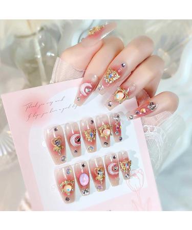 RikView Long Press on Nails - 24 PCS Pink Coffin Nails with 3D Design | Glossy Full Cover Fake Nails for Women - Buy Online on SooperMarket.com