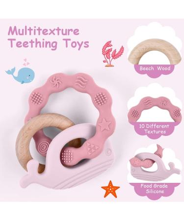 Vicloon Baby Teething Toy - Silicone & Wood Teether Chew Toy for Boys & Girls (Pink-Purple) | Easy to Hold & Clean Up - Buy Online on SooperMarket.com