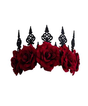 Gothic Floral Crown Headband Bridal Flower Garland Headband Hair Wreath Garland Floral Headpiece with Ribbon Women Girls Flower Tiara Hair Accessories for Wedding Cosplay Halloween Party Photography Wine Red