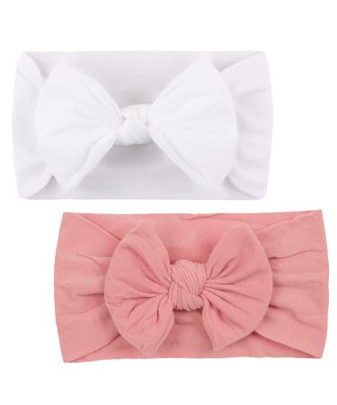 2Pcs Baby Headbands Baby Girl Nylon Headbands Baby Bow Headband Baby Turban Headband Soft Bow Headwear Elastic for Newborn Baby Toddlers(Pink and White) 2pcs Nylon Headbands