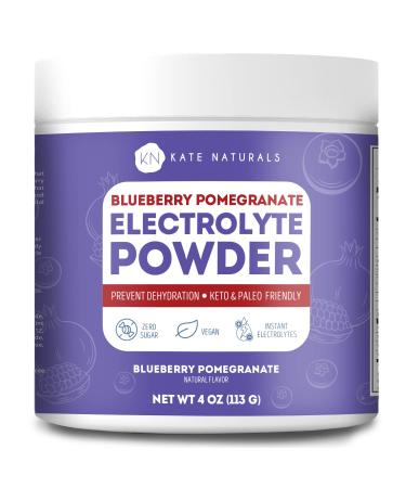 Kate Naturals Blueberry Pomegranate Electrolytes Powder 4oz Vegan, Instant Electrolytes, Restore Energy, Prevent Dehydration, Eliminate Cramps, Non-GMO, Keto-Friendly. Zero Sugar.