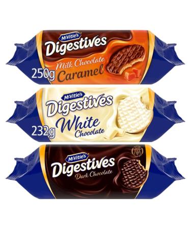 Digestive Biscuits Bundle With Mcvities Caramel Digestive Biscuits 250g White Chocolate Digestive Biscuits 232g & Dark Chocolate Digestive 266g (3 Pack)