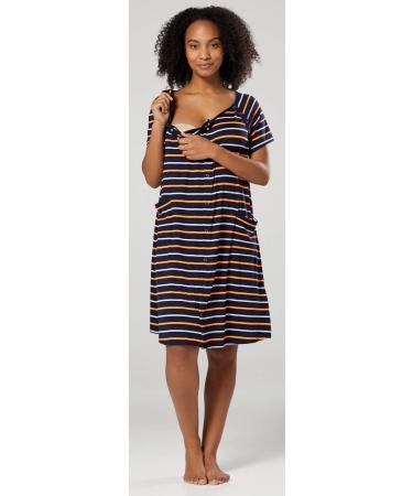 HAPPY MAMA Maternity Nursing Gown Nightshirt 1029 - Navy & Orange Stripes - Buy Online on SooperMarket.com