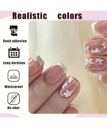 Shop French Tip Press On Nails - Short Square Floral Acrylic Nails for DIY Manicure | 24 Pcs Glossy Glue-On Fake Nails for Women & Girls - Buy Online on SooperMarket.com
