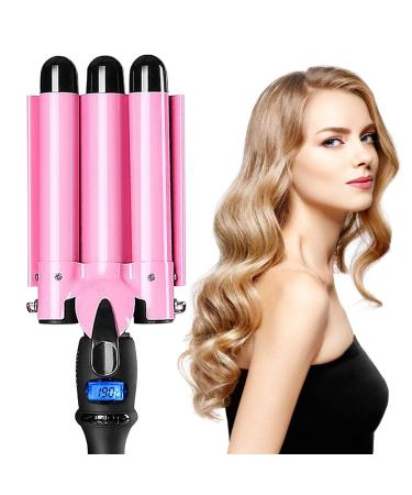 3 Barrel Curling Iron Wand Hair Crimper with Dual Voltage, 1 Inch Hair Waver Iron with LCD Temp Display, Ceramic Tourmaline Crimper Hair Iron, Hair Curler Temperature Adjustable (Pink)