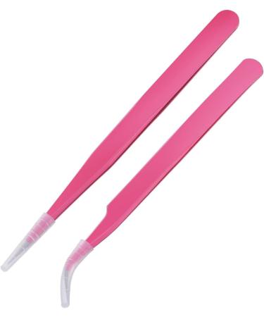 Quesuc 2 Pieces Straight and Curved Tip Tweezers Nipper for Eyelash Extensions Pink Stainless Steel False Lash Application Tools - Buy Online on SooperMarket.com