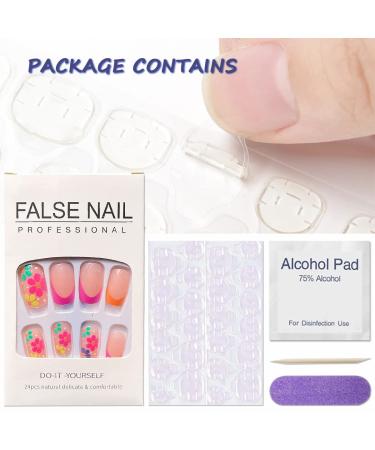 GORS 24 Pcs Colorful French Square Short Press on Nails - Acrylic Full Cover Coffin False Nails for Women - Multicolor 3D Flower Nail Art Decor - Buy Online on SooperMarket.com