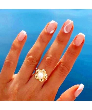 24Pcs French Press on Nails - Short Square Acrylic White Fake Nails Simple Swirls Women's False Nails with Design Nail Tips for Women & Girls (French & White Swirl)