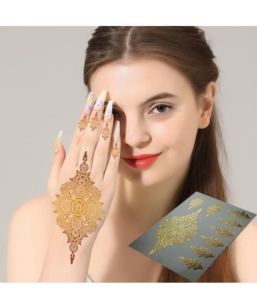 Xmasir 10 Sheets Gold Henna Tattoo Sticker - Temporary Metallic Glitter Tattoos for Women - Waterproof Indian Arabian Body Art Paint - Buy Online on SooperMarket.com