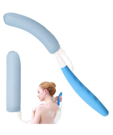 15.35 Back Bath Brush with Sponge Back Scrubber Bath Mesh with Anti-Slip Curved Long Handle Bath Body Brush for Elderly Aid Bathing and Shower Blue
