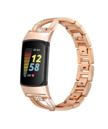 Abanen Metal Bands for Fitbit Charge 5, Alloy Bling Bands Adjustable Women Lightweight Wristbands Strap with Stainless Steel Quick Release Adapter for Fitbit Charge 5 Rose Gold