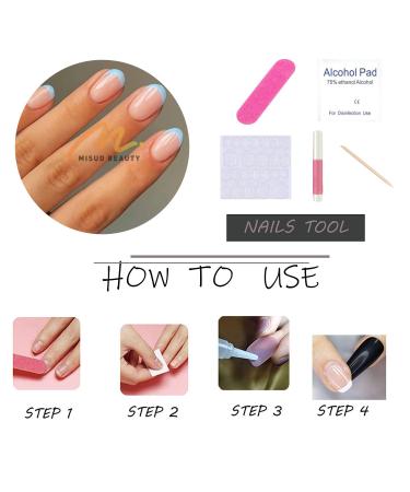 MISUD Short Oval Press on Nails - Glossy Blue French Tip Acrylic Nails - 24 pcs Round Artificial Summer False Nails - Buy Online on SooperMarket.com