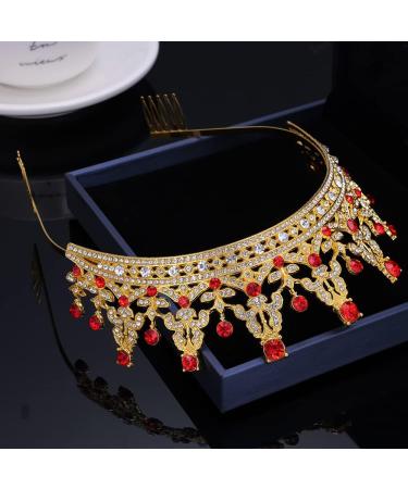 Kamirola Queen Crystal Tiara Headband for Women - Gold Red Wedding Hair Accessory - Buy Online on SooperMarket.com