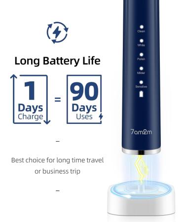 7AM2M Sonic Electric Toothbrush with 6 Brush Heads for Kids and Children One Charge for 90 Days Wireless Fast Charge 5 Modes with 2 Minutes Build in Smart Timer Electric Toothbrushes(Navy Blue) - Buy Online on SooperMarket.com