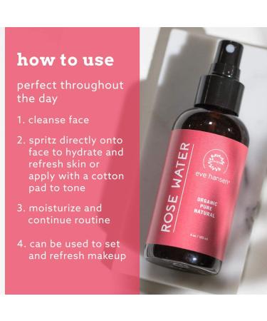 Eve Hansen Organic Rose Water Spray | 4 oz Moroccan Rosewater Face Toner & Makeup Setting Spray | Refreshing & Soothing Mist for Face, Neck, and Hair | Cruelty-Free & Alcohol-Free - Buy Online on SooperMarket.com