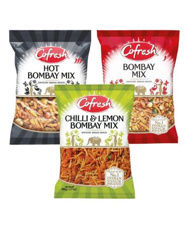Indian Snack Variety Bundle Containing Cofresh Hot Bombay Mix Bombay Mix Chilli & Lemon Bombay Mix 200g Packs (3 Pack)