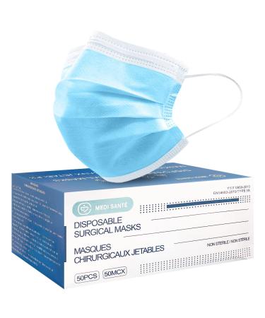Medi Sant 51 x Mask Type IIR - Respirator Medical Masks Medical Standard EN14683 BFE 98% 3 -layer Disposable Mask for Mouth and Nose Protection Bleu 2r