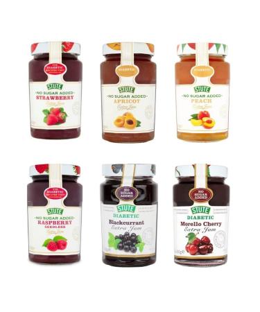 6 x 430g Variety Pack No Added Sugar Jam (1 Each Raspberry Strawberry Apricot MorelloCherry Blackcurrant Peach)