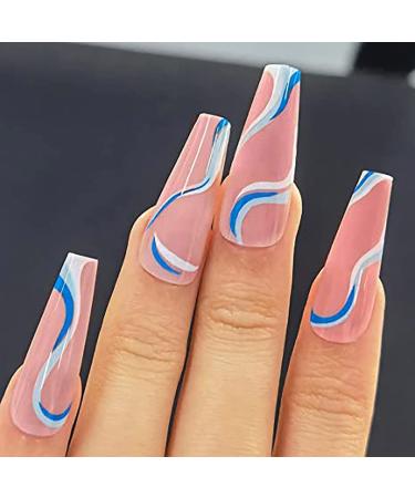 Vatocu Coffin Shiny False Nails - Long Wavy Lines Nude Color Stick-On Acrylic Nails for Women & Girls (24pcs) | International Shipping Available - Buy Online on SooperMarket.com