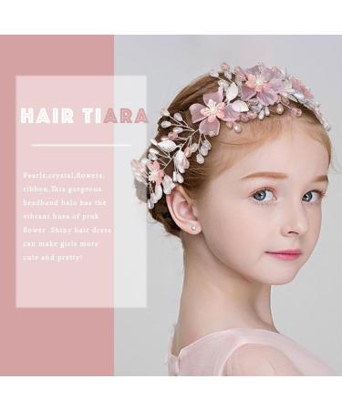 IYOU Flower Girl Headband Pink Floral Headpiece Pearl Leafs Commmunion Hair Vines Bridal Wedding Hair Accessories for Girls - Buy Online on SooperMarket.com
