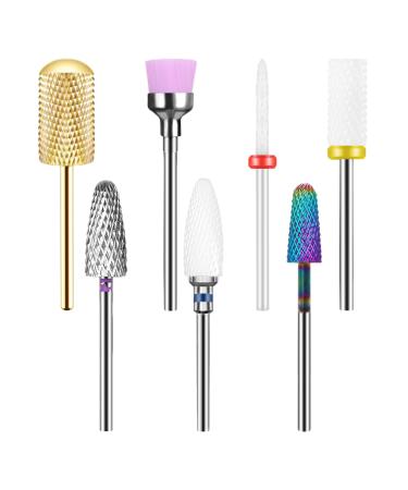 7 pieces of nail cutter attachments bits Heymkgo electrical nail drill kit 3/32 inch conical barrels and cones shape hard metal nail drill bits for acrylic gel nail manicure File pedicure tools 7PCs