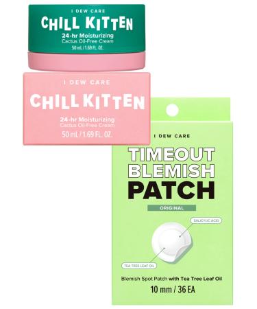 I DEW CARE Hydrocolloid Acne Pimple Patch - Timeout Blemish Original + Chill Kitten I 24-hr Moisturizing Cactus Oil-free Face Moisturizer Cream Bundle