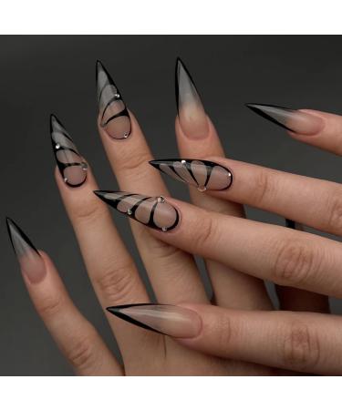 MISUD Press on Nails Long Stiletto Fake Nails Glossy Glue on Nails Almond Acrylic Nails Black French Tip Artificial Nails 3D Rhinestone Stick on False Nails with Butterfly Design 24 pcs 02912Black