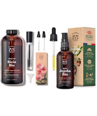 Bionoble jojoba oil organic 100ml & castor oil organic 100ml - eyelashes eyebrows hair beard nails - vegan and cruples - Castor Oil - glass bottle + pumping + mascara kit 100 ml (1 Pack) bundle with castor oil organic 100ml