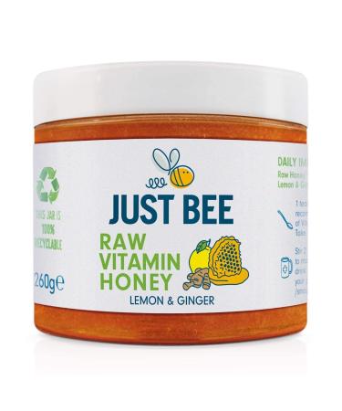 Just Bee Lemon & Ginger Vitamin Honey pure natural honey with vitamins for daily immune support with Vitamin D C B6 B12 Echinacea (260g jar)