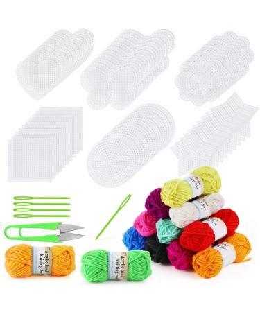 Pllieay 60 Pieces Mesh Plastic Canvas Kit Including 6 Shapes 3 Inch Clear Plastic Canvas, 12 Colors Acrylic Yarn and Tools for Embroidery Plastic Canvas Craft, Knit and Crochet Projects