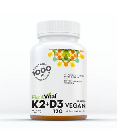 PlantVital High-Potency Vegan Vitamin D3 + K2 - (1000IU /25 mcg + 120 mcg) for Bones Teeth Good Health and Immune System - Patented MK7 Form - K2 D3 vitamin - 4 Months Supply - 120 Capsules. 120 count (Pack of 1)
